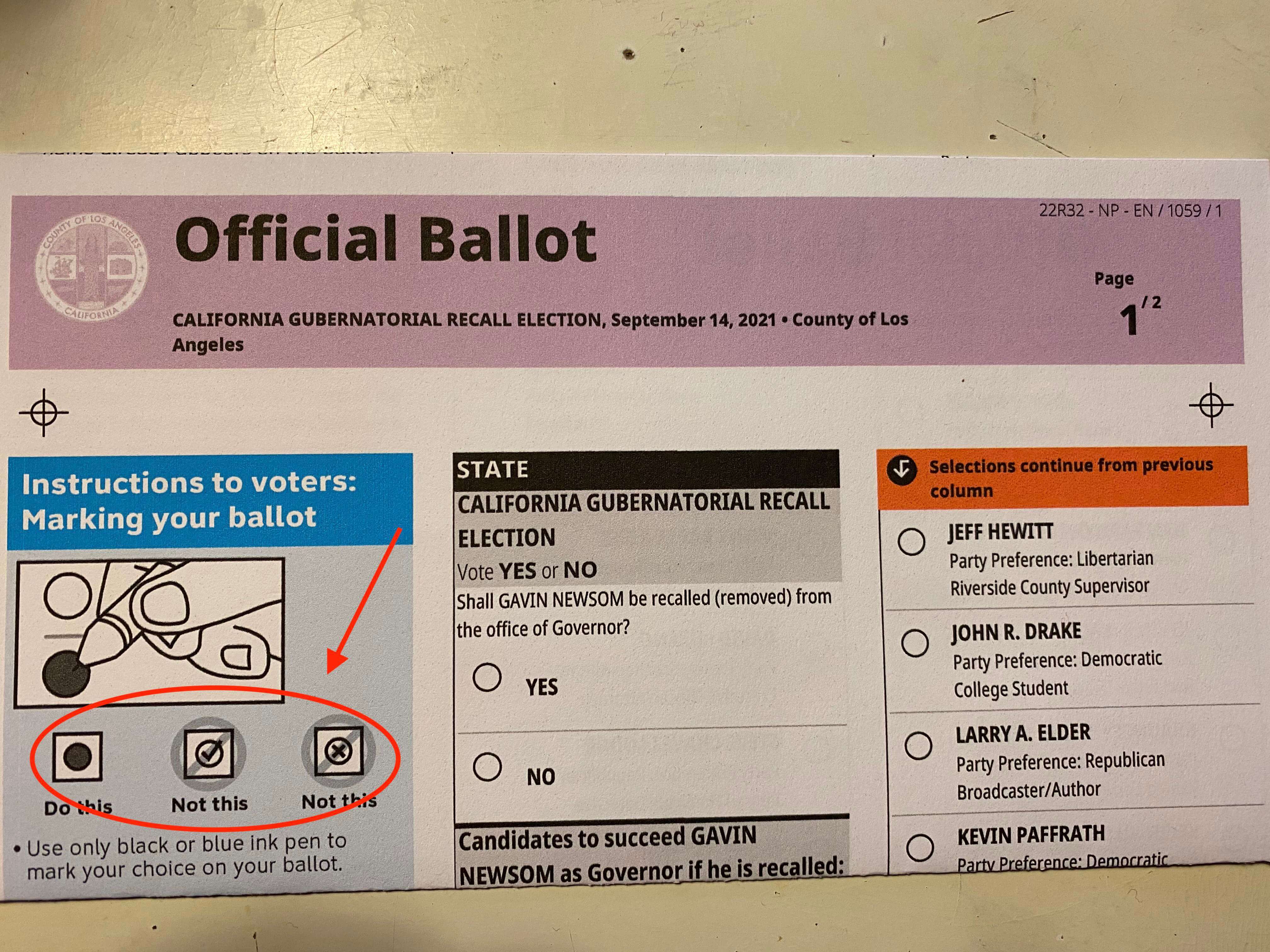 Note the example section on the left of the ballot.